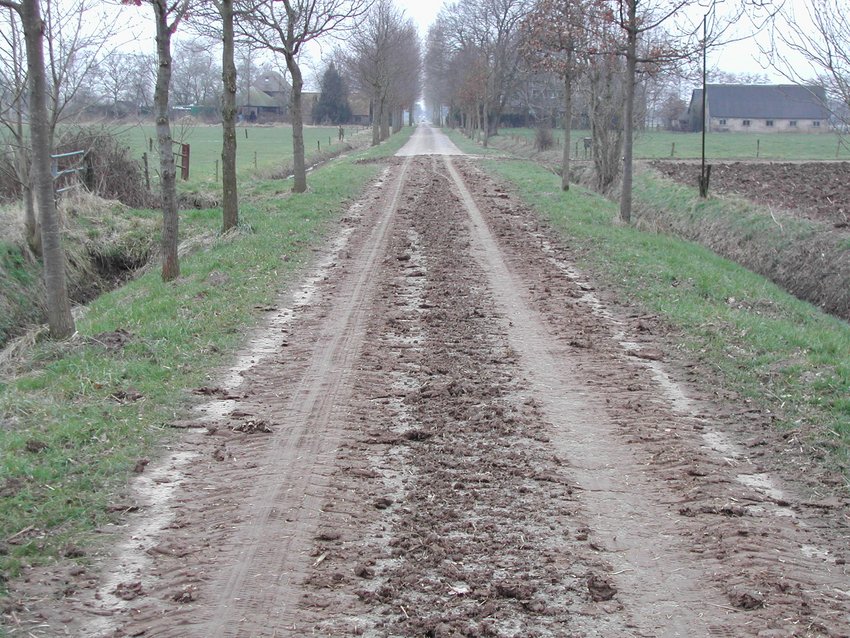 Asfealtweg met modder