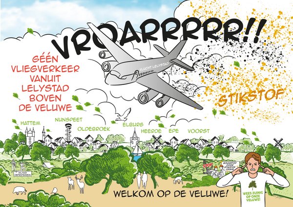 Illustratie laag vliegend vliegtuig over natuur en gemeenten