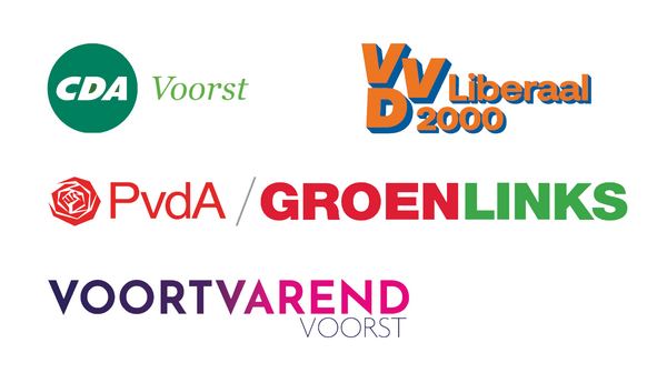 Partijlogo's CDA, VVD, PvdA/GroenLinks, VoortvArend Voorst