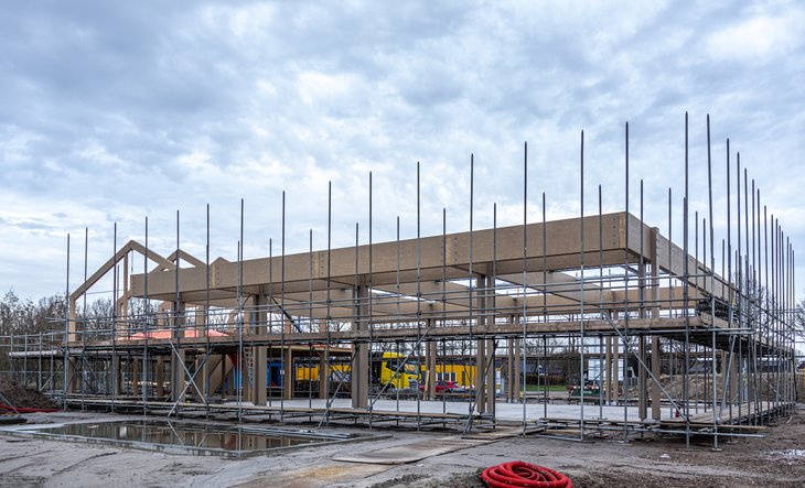Houten skelet met opgebouwde stijgers eromheen