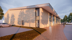 Sportgebouw De Veiling vanaf Veluws College Twello