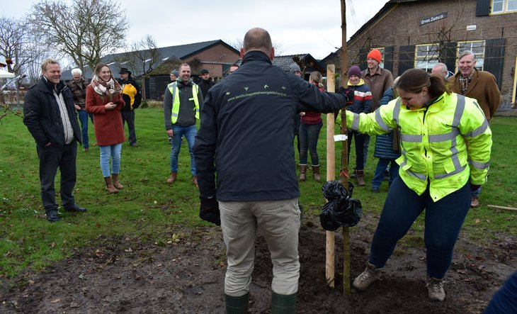 Iemand van Landschapsbeheer Gelderland plant een boom