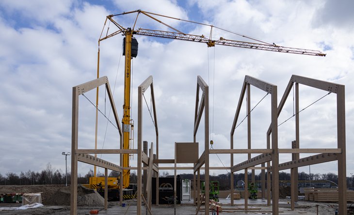 Houten skelet met bouwkraan
