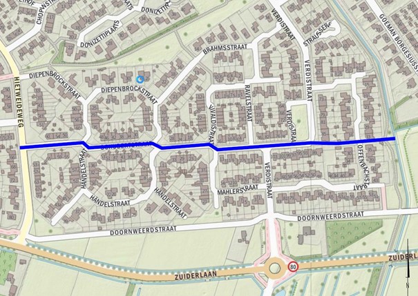 Kaart met gemarkeerd de Schubertstraat en een deel van de Verdistraat in Twello 
